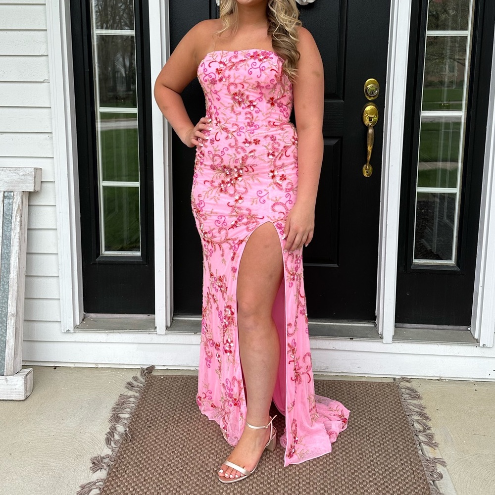 Elegant Strapless Pink Floral Prom Dress